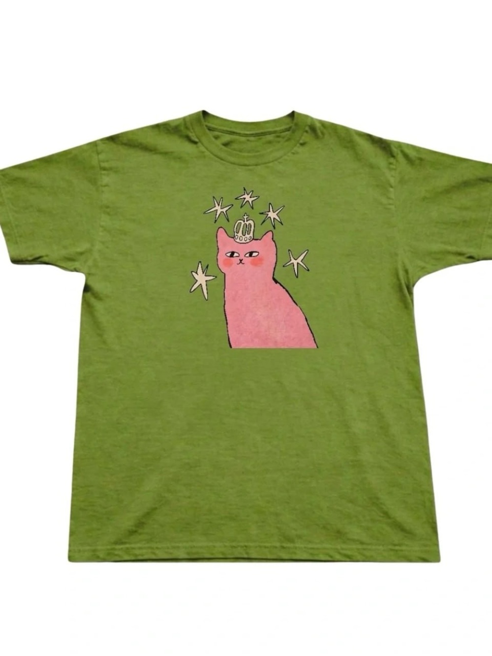 Green Tee with Pink Cat Graphic and Star Accents